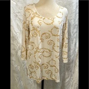Slinky Brand Ivory Gold Textured 3/4 Sleeve Tunic Top